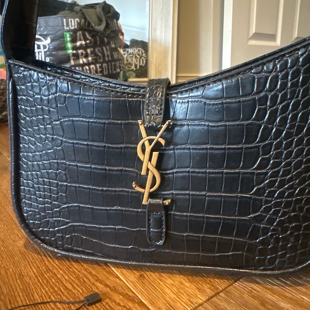 Saint Laurent Black Croc-Embossed Shoulder Bag with Gold YSL Hardware - Picture 2 of 5